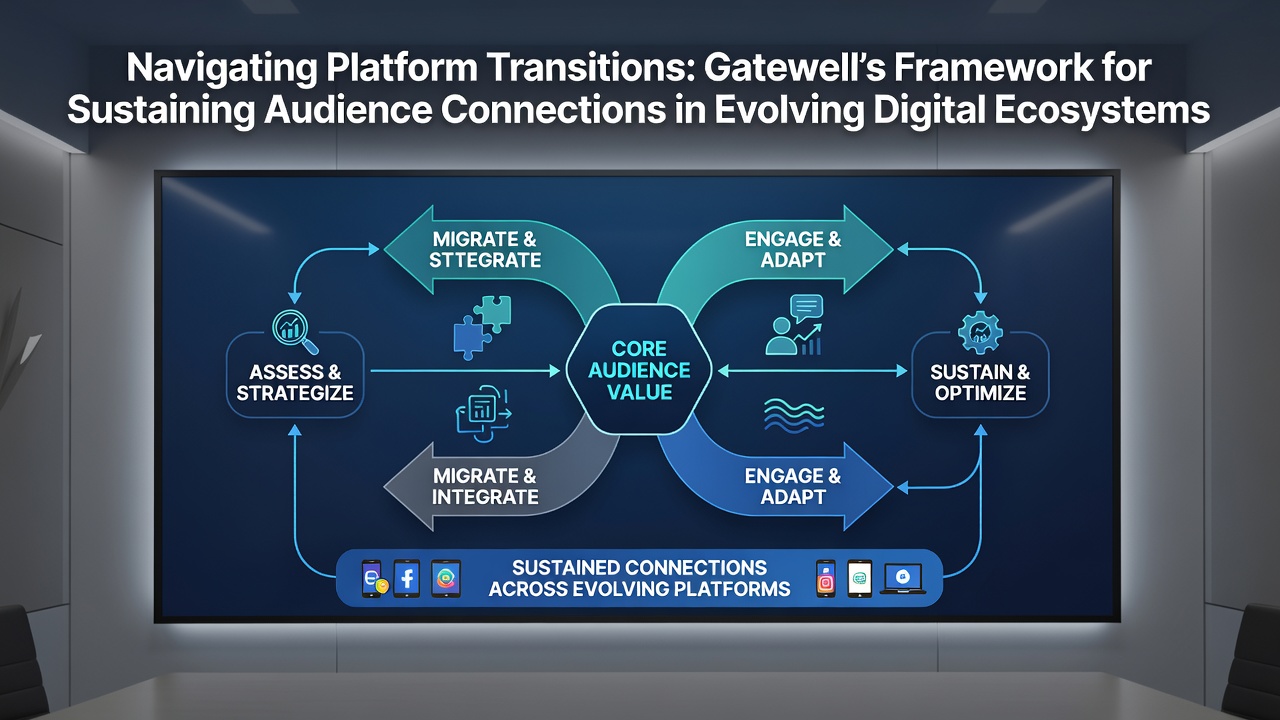 Flowchart illustrating audience connection pathways maintained through Gatewell methods during digital platform evolution