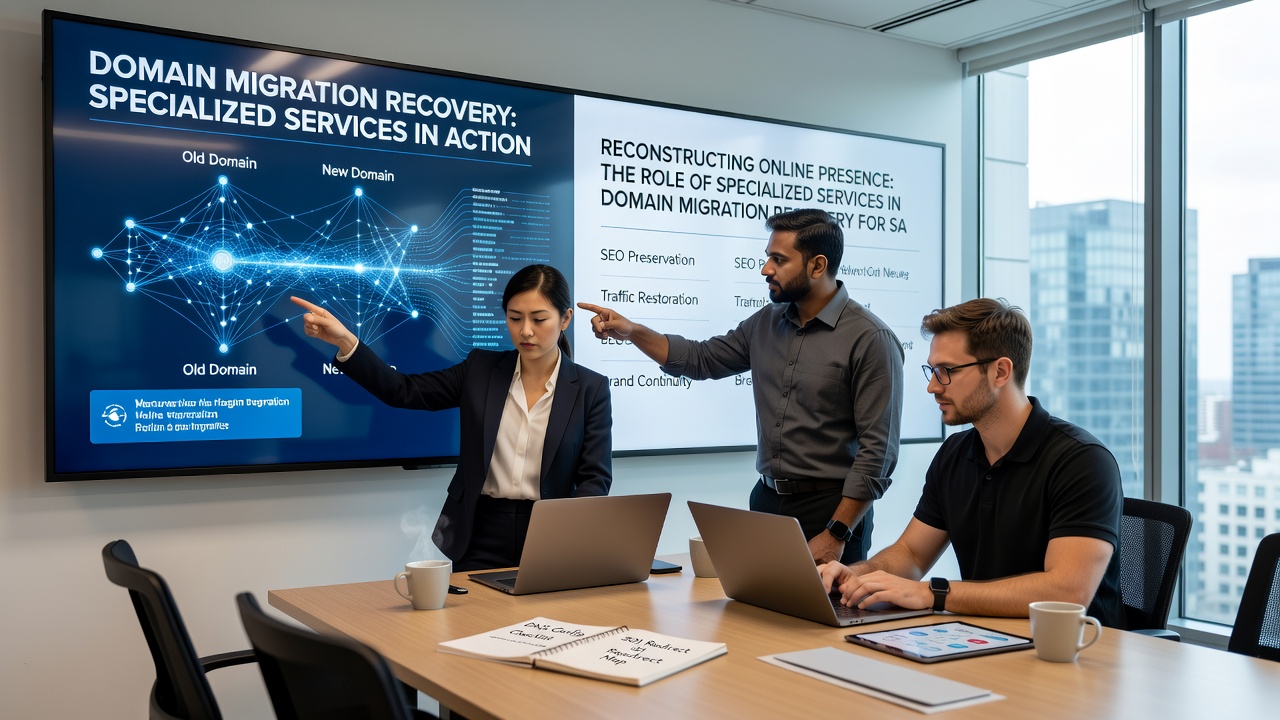 Recovery team analyzing server logs and redirect chains during SaaS domain migration process