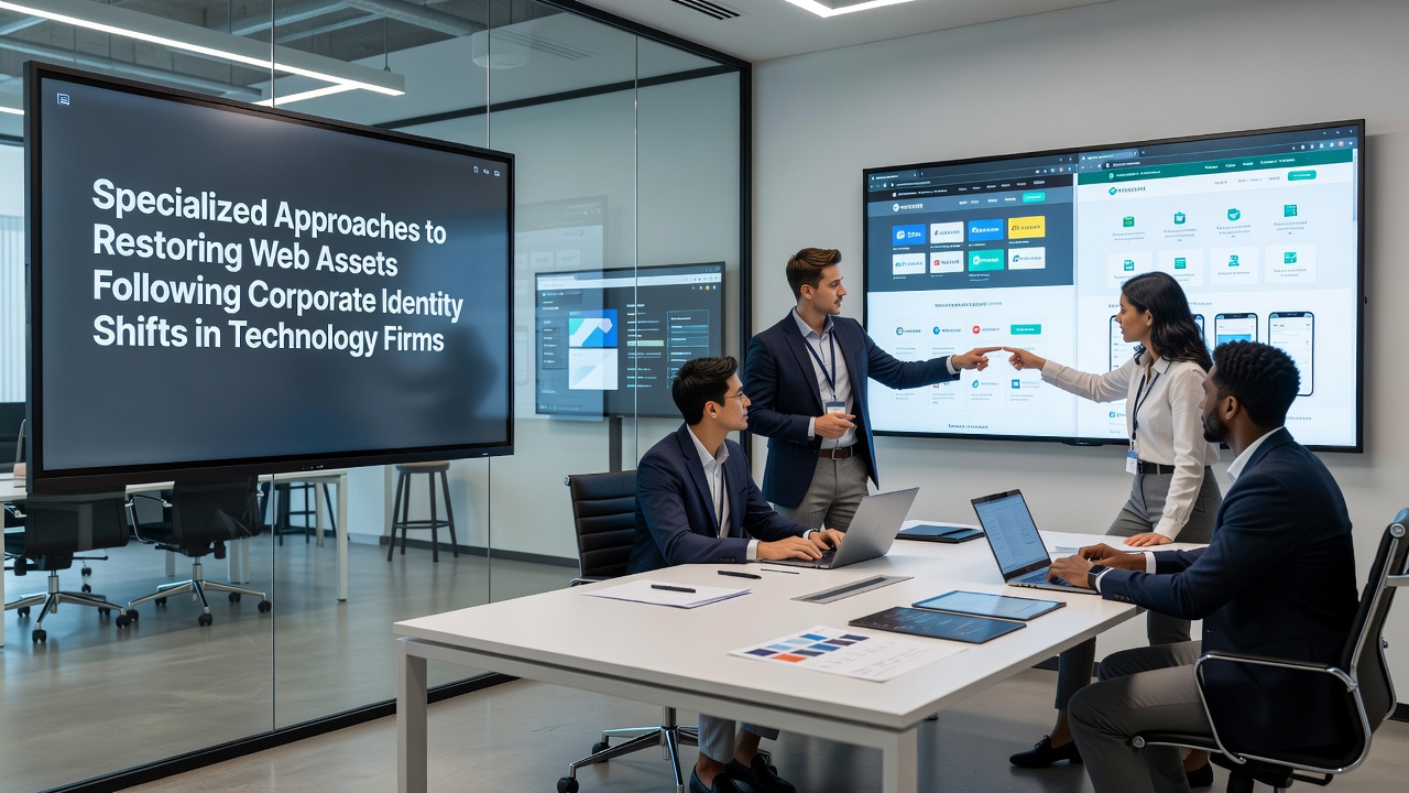 Secure web asset restoration workflow showing compliance checklists and encryption protocols for technology company rebrands